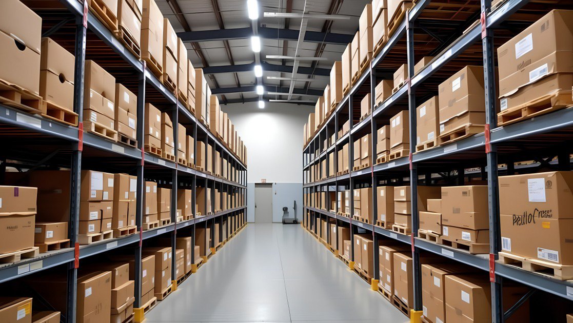a warehouse with many boxes at a 3pl distribution center