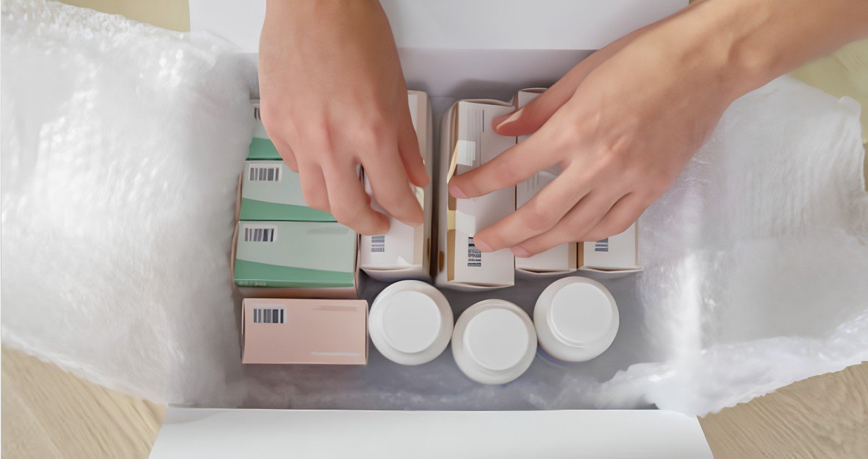 a box of pharmaceuticals with compliance tags in it