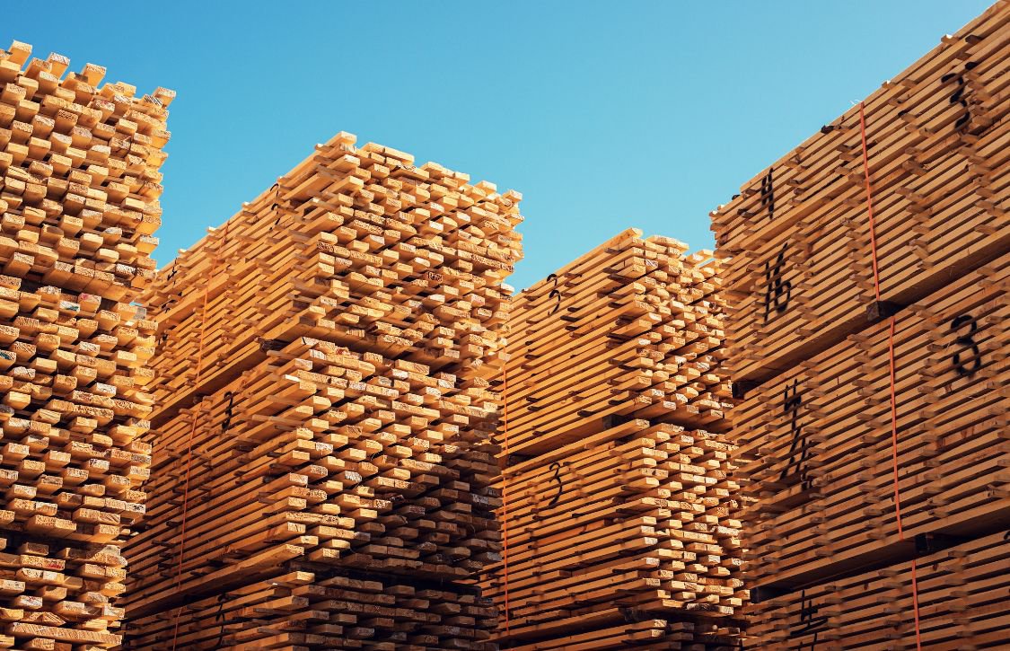 Stacks of lumber in a distribution center