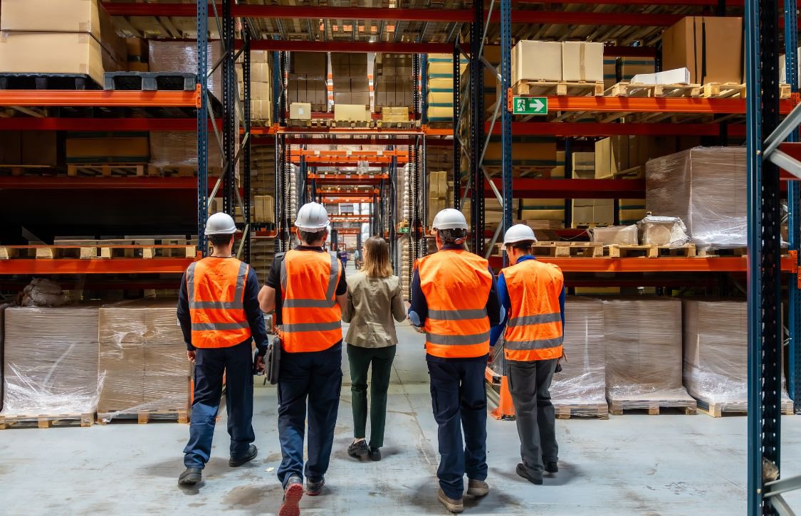 A team meeting in a warehouse discussing logistics