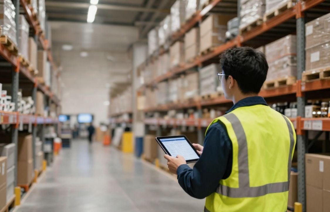 warehouse staff checking data using ERP BI